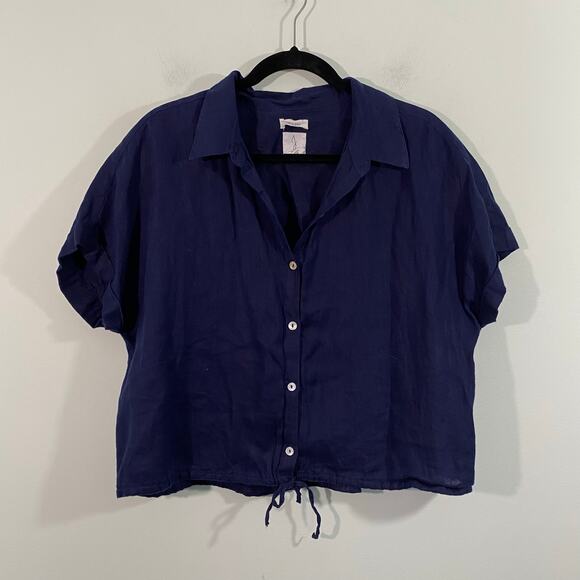 Joie Women Navy 100% Linen  Short Sleeve Button Up Shirt Size XL - Picture 1 of 7